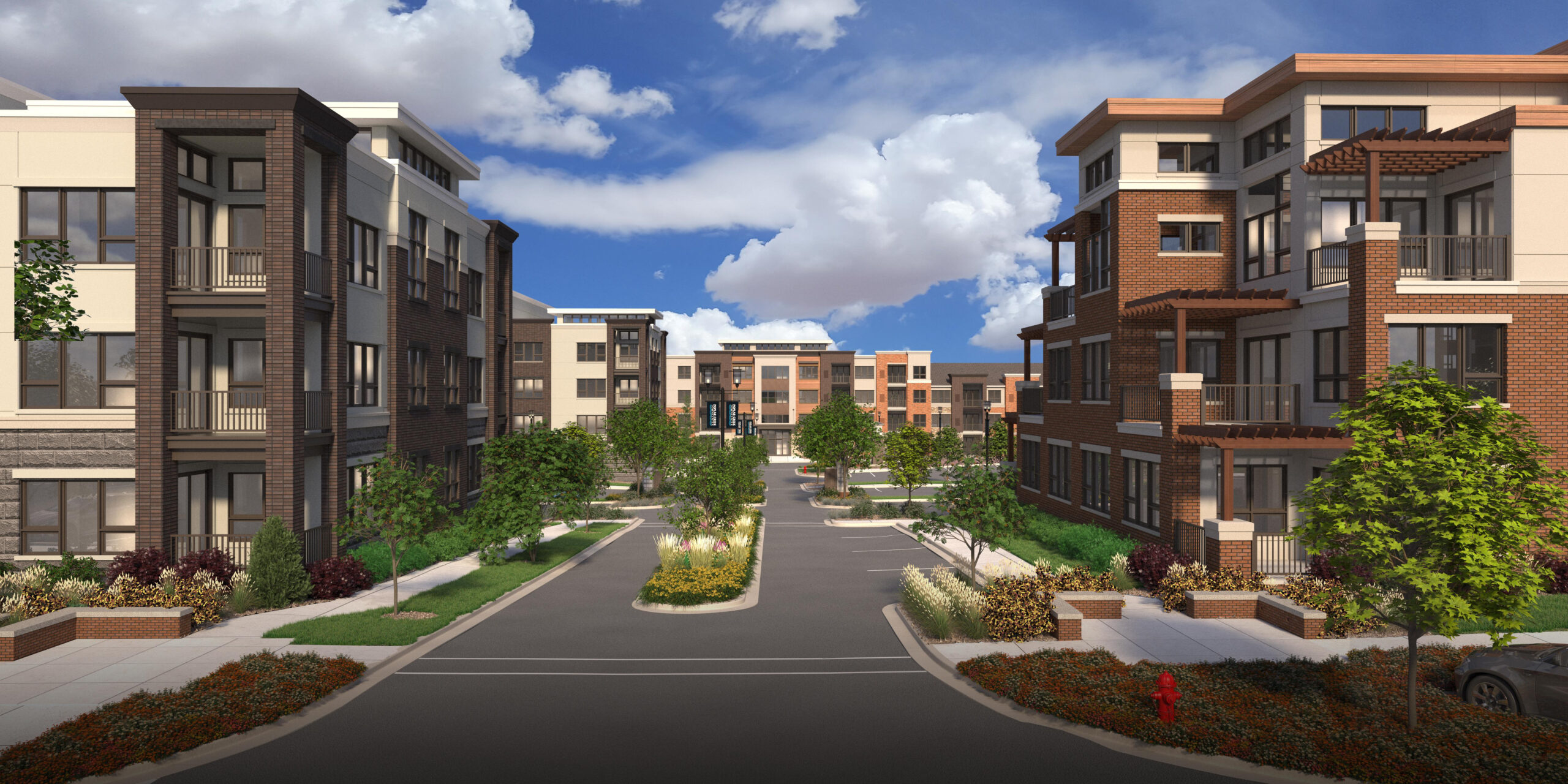 A computer-generated model of the Poplar Creek complex, with large mature trees and plenty of parking.