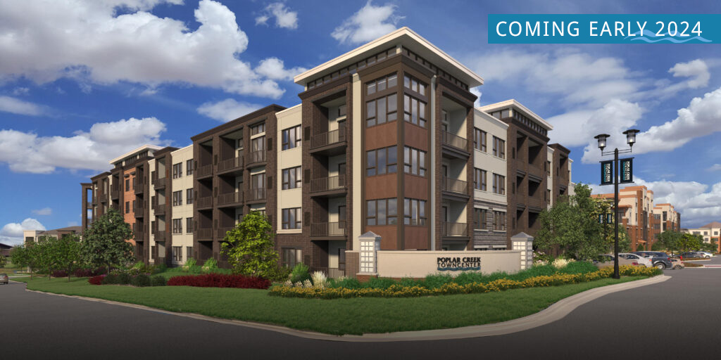 A computer-generated model of the WestTown complex, from the view of a corner street. The name of the complex is mounted on a wall.